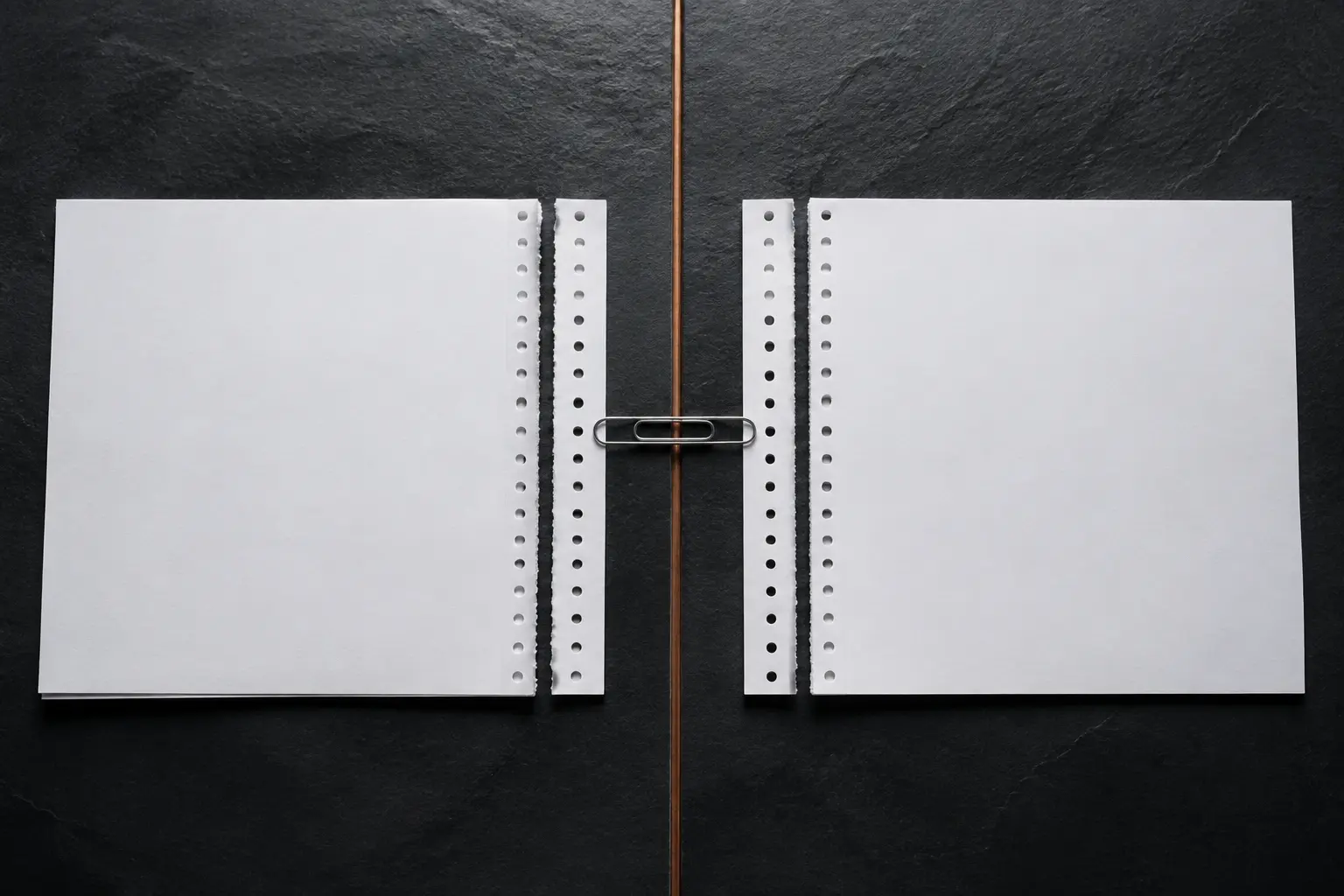 Two real blank statement pages on opposite sides of a copper seam joined by one plain paper clip