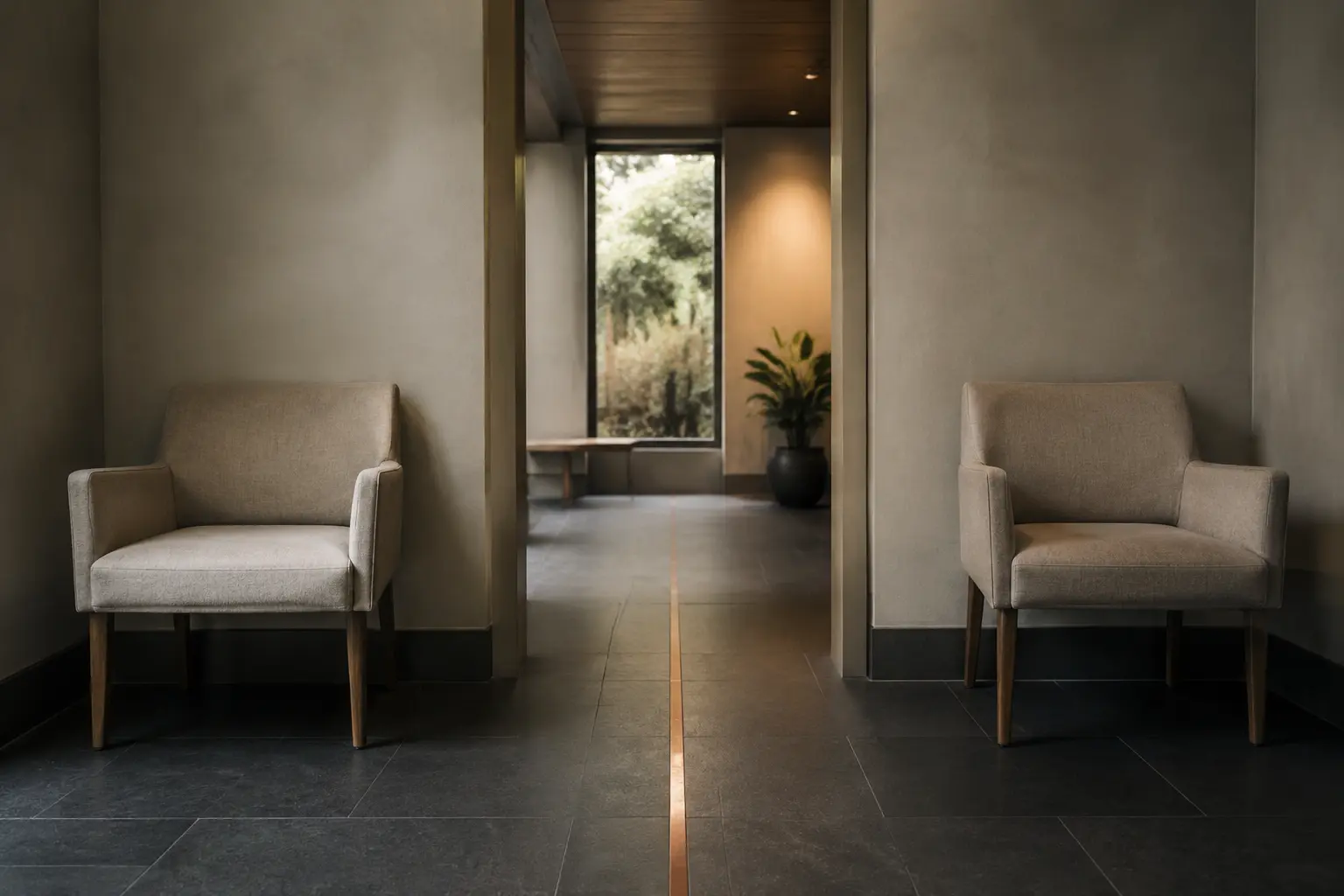 Two empty real waiting-room chairs separated by a copper floor line leading to an open doorway